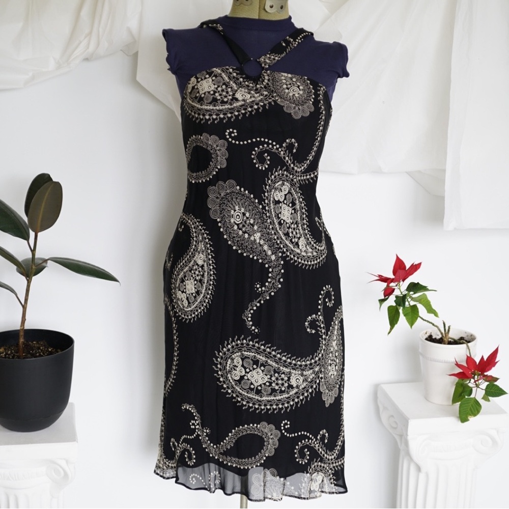 Western Halter Top Paisley Black and White Midi Slip Dress